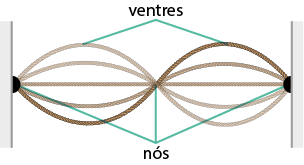 Ilustração de uma corda presa entre duas paredes. A corda oscila, e o centro e as pontas da corda presas na parede são chamados de nós e as curvas que são formadas em cada lado do nó central são chamadas de ventres.