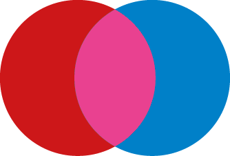 Ilustração de dois círculos, um vermelho e o outro azul, se intersectando e formando a cor rosa na área em comum.