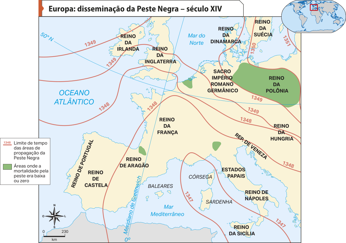 Mapa 'Europa: disseminação da Peste Negra – século 14'. Conforme a legenda, os dados são os seguintes: Limite de tempo das áreas de propagação da Peste Negra. Em 1347: parte-se do Reino da Sicília, seguindo para a ilha da Córsega e ilha da Sardenha. Em 1348: a disseminação segue para o Reino de Nápoles, Estados Papais, Reino de Aragão, Reino da França e República de Veneza, chegando ao Reino da Hungria. Em 1349: chega-se ao Sacro Império Romano Germânico, ao Reino da Inglaterra, ao Reino da Irlanda e ao Reino da Dinamarca.  Em 1350: a disseminação alcança o Reino da Suécia. Em 1351: atingem-se mais localidades no norte da Europa. Áreas onde a mortalidade pela peste era baixa ou zero: Reino da Polônia e pequenas áreas ao norte do Reino da França, ao norte do Reino de Aragão e no sul da Europa.