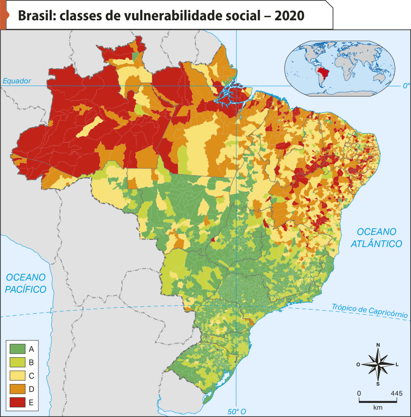 Mapa 'Brasil: classes de vulnerabilidade social – 2020'. Conforme a legenda, os dados são os seguintes: A: maior concentração em São Paulo, oeste de Minas Gerais, litoral do Rio de Janeiro, litoral do Espírito Santo, norte do Paraná, sul do Rio Grande do Sul, sul e centro-sul de Goiás, centro do Mato Grosso, oeste de Santa Catarina e centro-sul de Tocantins. B: áreas no centro do Rio Grande do Sul, de Santa Catarina e do Paraná, no sul de São Paulo, interior do Rio de Janeiro, centro de Minas Gerais, oeste do Mato Grosso do Sul, centro de Goiás e centro-sul do Mato Grosso. C: maior concentração no interior de Rondônia, sul de Roraima, centro-sul do Pará, centro de Tocantins, centro-sul e sul do Piauí, interior da Bahia, do Ceará, no Rio Grande do Norte, Paraíba, Pernambuco, Sergipe e Alagoas. E, também, no norte de Minas Gerais. D: maior concentração no oeste, sul e norte do Amazonas, no norte do Pará, no interior do Maranhão, interior da Bahia, do Ceará, no Rio Grande do Norte, Paraíba, Pernambuco, Sergipe e Alagoas.