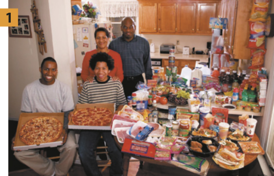 Foto um que apresenta um homem, uma mulher e dois jovens. Eles estão ao lado de uma mesa com muitos alimentos industrializados, como balas, embutidos, pães e sucos. Os jovens seguram duas caixas de pizza.