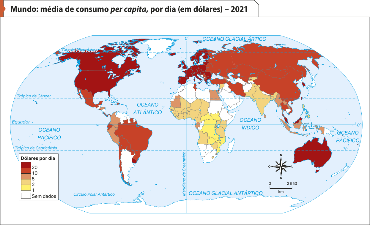 Mapa 'Mundo: média de consumo per capita, por dia (em dólares) – 2021'. Conforme a legenda, os dados são os seguintes: Dólares por dia. Vinte: Estados Unidos, Canadá, Uruguai, Inglaterra, França, Portugal, Espanha, Itália, Alemanha, Suíça, Suécia, Noruega, Austrália e Nova Zelândia. Dez: México, Brasil, Bolívia, Paraguai, Chile, Equador, Turquia, Rússia, China, Irã e Tailândia. Cinco: Colômbia, Peru, Mauritânia, Egito, Myanmar, Indonésia e Filipinas. Dois: Síria, Índia, Paquistão, Mali, Angola, Moçambique, Zimbábue, Níger, Nigéria, Senegal e Tanzânia, Um: República Democrática do Congo, República Centro Africana, Moçambique e Zâmbia. Sem dados: Argélia, Líbia, Etiópia, África do Sul, Namíbia, Arábia Saudita, Antártida, Groenlândia.