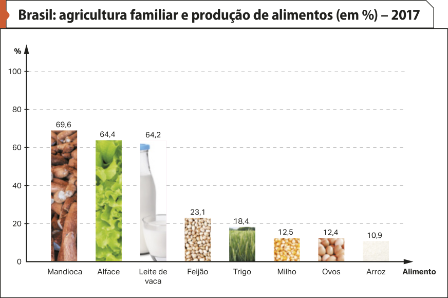 Gráfico 'Brasil: agricultura familiar e produção de alimentos (percentual) – 2017'. No eixo vertical, temos o percentual. No eixo horizontal, temos os alimentos. Os dados são os seguintes: Mandioca: 69,6; Alface: 64,4; Leite de vaca: 64,2; Feijão: 23,1; Trigo: 18,4; Milho: 12,5; Ovos: 12,4; Arroz: 10,9.