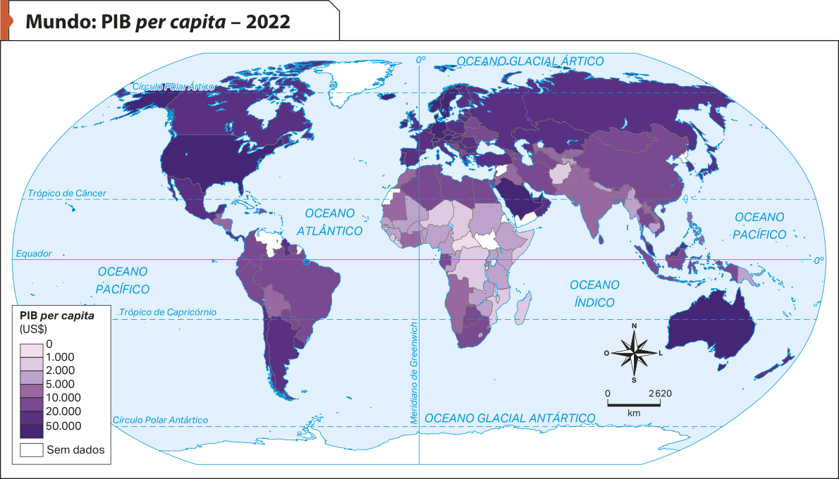 Mapa 'Mundo: Produto Interno Bruto per capita – 2022'.  Conforme a legenda, os dados são os seguintes: 1.000: Níger, Chade, República Centro-africana, República Democrática do Congo, Moçambique e Somália. 2.000: Mali, Nigéria, Camarões, Sudão, Etiópia, Quênia, Tanzânia, Zâmbia, Mali, Afeganistão, Nepal, Myanmar, Camboja e Papua-Nova-Guiné. 5.000: Bolívia, Guatemala, Honduras e Nicarágua, Namíbia, Angola, Costa do Marfim, Marrocos, Ucrânia, Iraque, Paquistão, Índia e Bangladesh. 10.000: Brasil, Peru, Equador, Colômbia, China, Mongólia, Indonésia, África do Sul, Botsuana, Argélia, Líbia, Tailândia e Vietnã. 20.000: Canadá, México, Chile, Argentina, Uruguai, Portugal, Espanha, França, Itália, Reino Unido e Irlanda. 50.000: Estados Unidos, Rússia, Cazaquistão, Austrália, Nova Zelândia, Alemanha, Suíça, Suécia e Arábia Saudita. Sem dados: Antártida, Sudão do Sul, Iêmen, Venezuela e Síria.