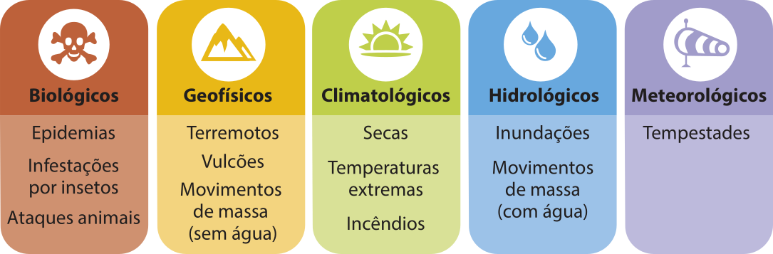 Imagem que apresenta exemplos dos seguintes desastres naturais: Biológicos: epidemias, infestações por insetos, ataques animais. Geofísicos: terremotos, vulcões, movimentos de massa (sem água). Climatológicos: secas, temperaturas extremas, incêndios. Hidrológicos: inundações, movimentos de massa (com água). Meteorológicos: tempestades.