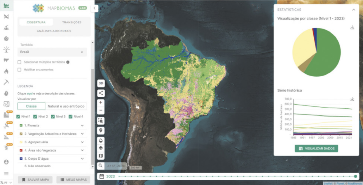 Imagem de mapa e gráficos que apresentam a distribuição dos diferentes biomas brasileiros.