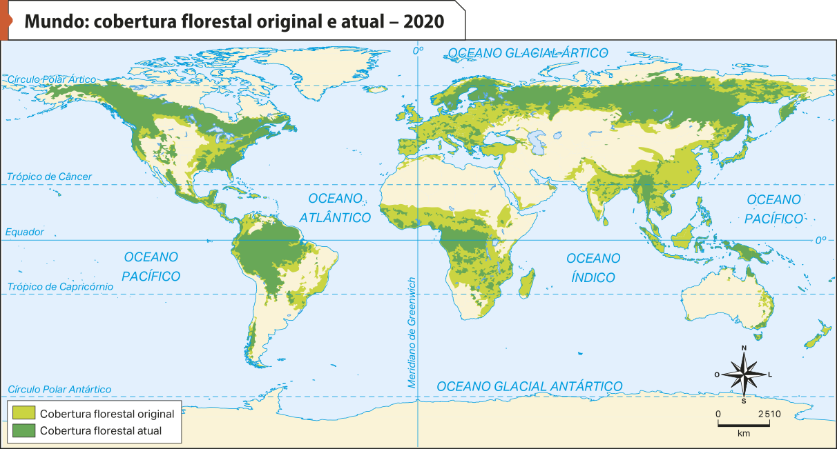 Mapa 'Mundo: cobertura florestal original e atual – 2020'. Conforme a legenda, os dados são os seguintes: Cobertura florestal original: extensas áreas no norte, centro e sul da América do Norte, no norte, sudeste e sul da América do Sul. Localidades amplas em todo o continente europeu, no centro e centro-sul da África, no norte, sudeste e sul da Ásia e, também, no leste da Oceania. Cobertura florestal atual: localidades menores no norte, centro e sul da América do Norte, no norte, sudeste e sul da América do Sul. Localidades menores em todo o continente europeu, no centro e centro-sul da África, no norte, sudeste e sul da Ásia e, também, no leste da Oceania.