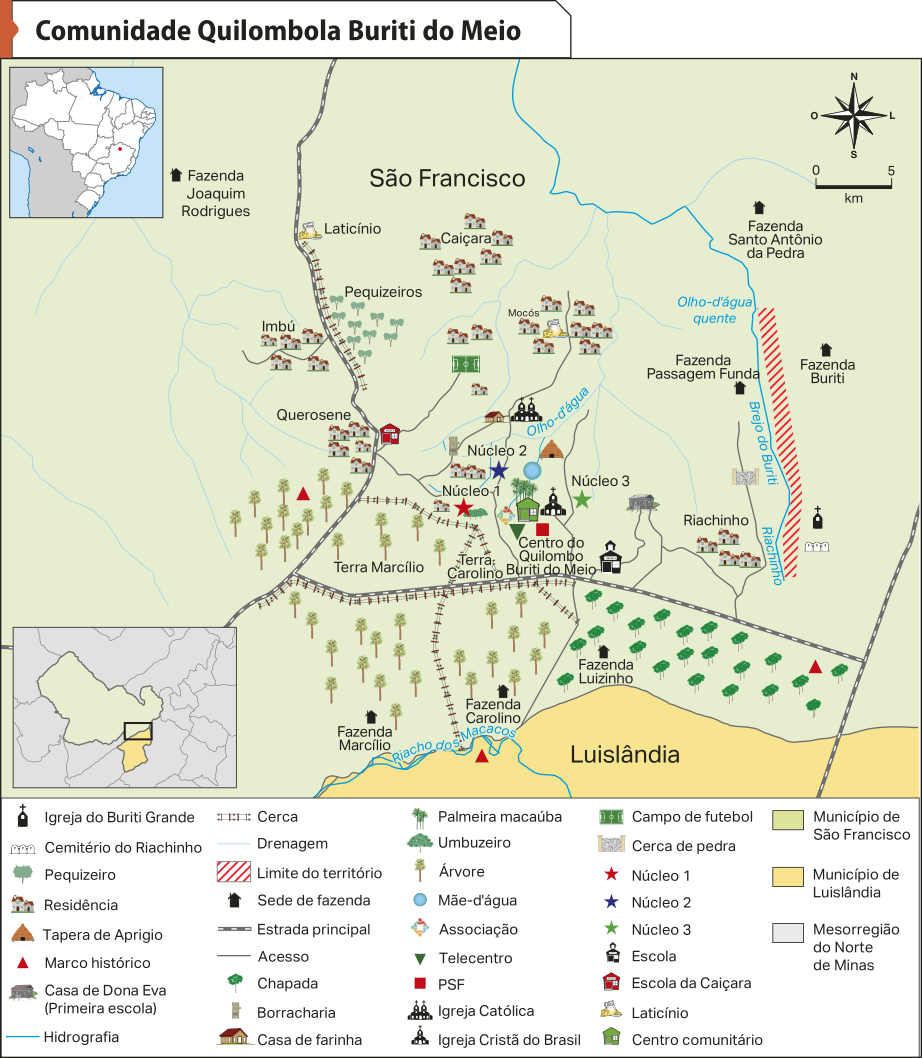 Mapa 'Comunidade Quilombola Buriti do Meio'. Conforme a legenda, os dados são os seguintes: Município de São Francisco, onde está a Comunidade Quilombola Buriti do Meio. Município de Luislândia: ao sul da Comunidade Quilombola Buriti do Meio. Estes municípios se localizam na mesorregião do Norte de Minas. A Comunidade Quilombola Buriti do Meio está rodeada pela Fazenda Joaquim Rodrigues, Fazenda Santo Antônio da Pedra, Fazenda Buriti, Fazenda Passagem Funda, Fazenda Luizinho, Fazenda Carolino, Fazenda Marcílio. Destacam-se áreas com palmeiras macaúba e umbuzeiros. A comunidade se divide em três núcleos, onde se situam residências, a Igreja do Buriti Grande, a Tapera de Aprígio, o Marco histórico, a casa de Dona Eva (primeira escola), sede da fazenda, chapada, casa de farinha, telecentro, associação, PSF, igreja católica, igreja cristã, campo de futebol, cerca de pedra, escola de caiçara, escola, laticínio, centro comunitário.