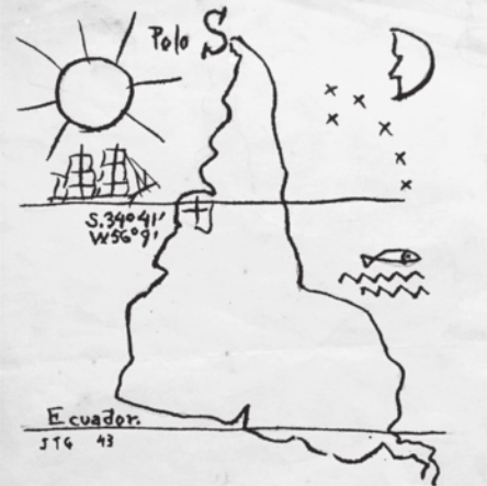 Imagem que apresenta a América do Sul. Nesta imagem as localidades do sul são apresentadas viradas para acima. Também se destaca a linha do Equador, o Trópico de Capricórnio, o sol e a lua.