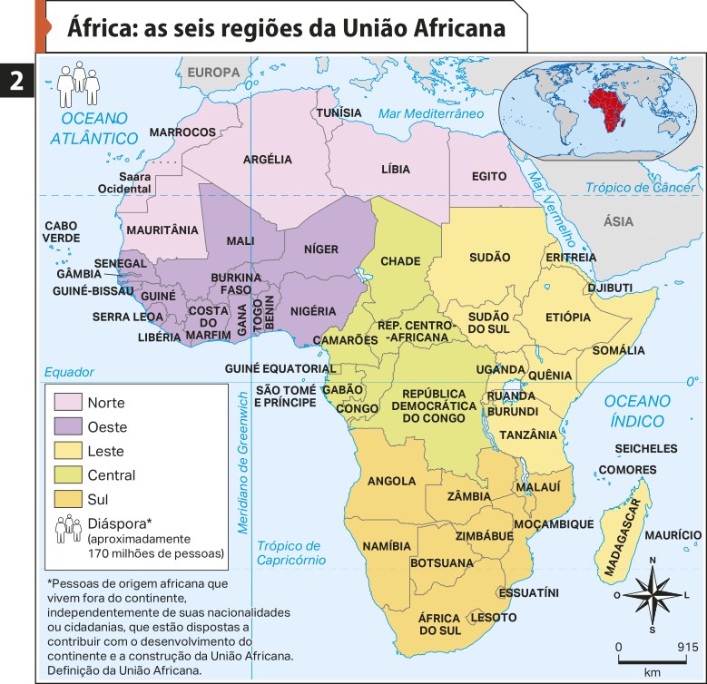 Mapa dois 'África: as seis regiões da União Africana'. Conforme a legenda, os dados são os seguintes: Norte: Saara Ocidental, Mauritânia, Marrocos, Argélia, Tunísia, Líbia e Egito. Oeste: Mali, Níger, Nigéria, Benin, Togo, Gana, Costa do Marfim, Libéria, Serra Leoa, Guiné, Guiné-Bissau, Gâmbia, Senegal e Burkina Faso. Leste: Sudão, Eritreia, Djibuti, Somália, Etiópia, Sudão do Sul, Uganda, Quênia, Ruanda, Burundi, Tanzânia e Madagascar. Central: Chade, República Centro-africana, República Democrática do Congo, Congo, Gabão, São Tomé e Príncipe, Guiné Equatorial e Camarões. Sul: Angola, Namíbia, Botsuana, Lesoto, Essuatíni, África do Sul, Zâmbia, Zimbábue, Moçambique e Malauí. Diáspora (aproximadamente 170 milhões de pessoas). Pessoas de origem africana que vivem fora do continente, independentemente de suas nacionalidades ou cidadanias, que estão dispostas a contribuir com o desenvolvimento do continente e a construção da União Africana. Definição da União Africana.