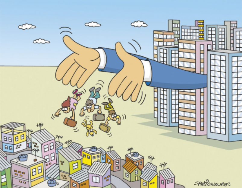 Charge. Destacam-se duas localidades, a primeira com grandes prédios e, a outra, formada por casas térreas e sobrados, que possuem uma estrutura mais simples. Dos prédios, saem grandes braços que retiram as pessoas desse local, jogando-as sobre as casas térreas e sobrados.