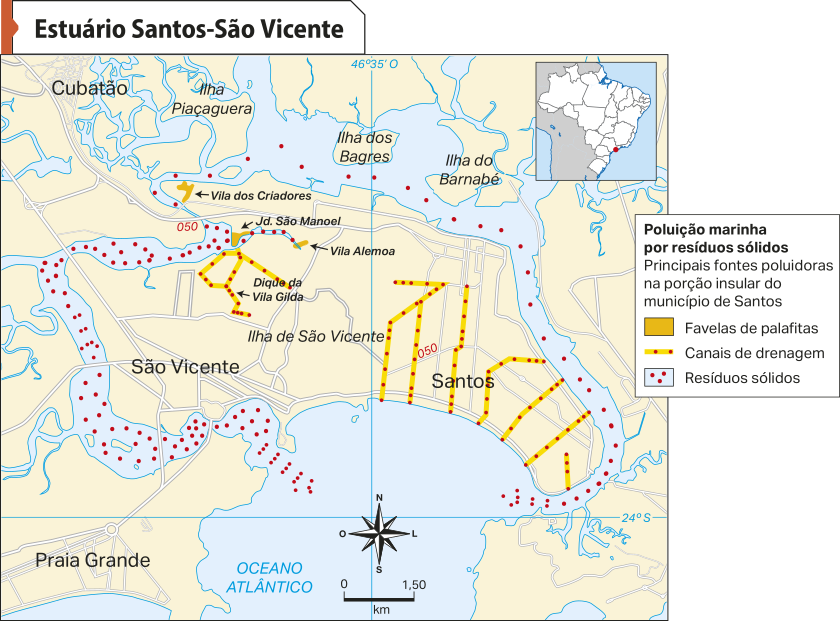 Mapa 'Estuário Santos-São Vicente'. Conforme a legenda, os dados são os seguintes: Poluição marinha por resíduos sólidos. Principais fontes poluidoras na porção insular do município de Santos: Favelas de palafitas: localizadas ao norte da ilha de São Vicente, com destaque para o Dique da Vila Gilda, Jardim São Miguel e Vila dos Criadores. Canais de Drenagem: espalhadas no interior de Santos. Resíduos sólidos: área litorânea de Santos e de São Vicente.