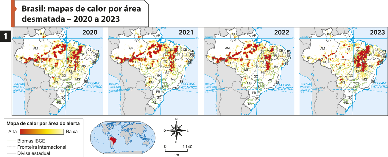 Conjunto de mapas um 'Brasil: mapas de calor por área desmatada – 2020 a 2023'. Em 2020: as áreas com maiores temperaturas estão no Acre, sul do Amazonas, norte do Mato Grosso, centro do Pará e, também, no interior do Tocantins, Maranhão e Piauí. Em 2021: as áreas com maiores temperaturas estão no Acre, sul do Amazonas, norte do Mato Grosso, centro do Pará e, também, no interior do Tocantins, Maranhão e da Bahia. Em 2022: as áreas com maiores temperaturas estão no Acre, sul do Amazonas, norte do Mato Grosso, centro do Pará e, também, no interior do Tocantins, Maranhão e da Bahia. Em 2023: as áreas com maiores temperaturas estão no sul do Amazonas, no interior do Tocantins, Maranhão, do Piauí, Bahia, Sergipe e Alagoas.