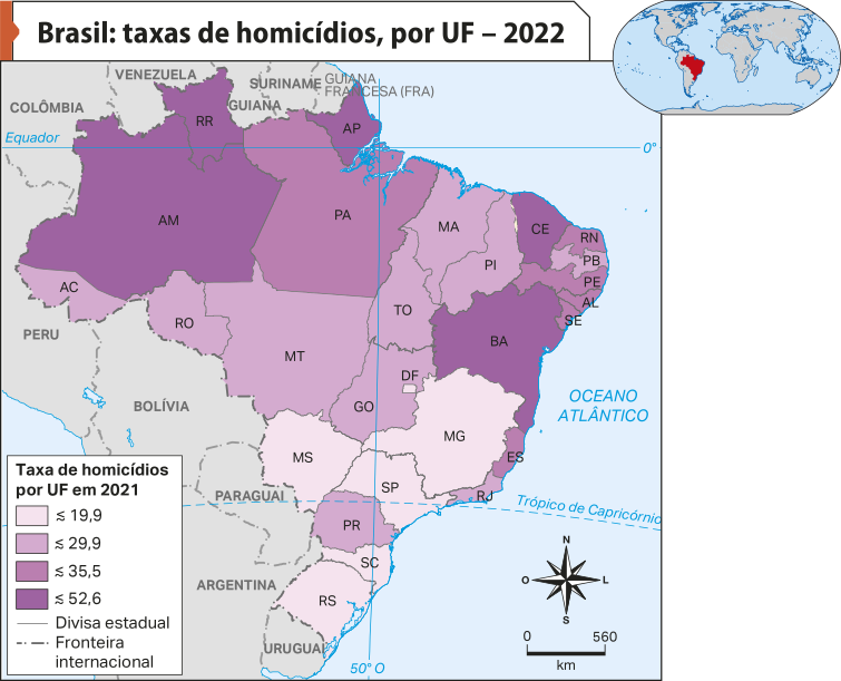 Mapa 'Brasil: taxas de homicídios, por U F – 2022'. Conforme a legenda, os dados são os seguintes: Taxa de homicídios por U F em 2021. Maior ou igual a 19,9: Distrito Federal, Minas Gerais, Mato Grosso do Sul, São Paulo, Santa Catarina e Rio Grande do Sul. Maior ou igual a 29,9: Acre, Rondônia, Mato Grosso, Maranhão, Tocantins, Piauí, Paraíba, Goiás, Rio de Janeiro e Paraná. Maior ou igual a 35,5: Pará, Rio Grande do Norte, Pernambuco, Alagoas, Sergipe, Espírito Santo. Maior ou igual a 52,6: Amazonas, Roraima, Amapá, Ceará e Bahia.
