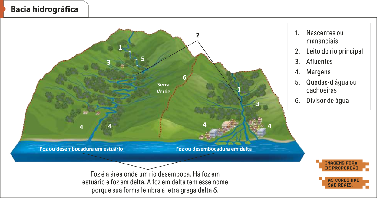 Esquema 'Bacia hidrográfica'. Os dados são os seguintes: Primeiro, temos as nascentes ou mananciais de dois rios (indicadas como um). Em seguida, forma-se o leito do rio principal (indicados como dois) e suas margens (indicadas como quatro). Também se destacam os afluentes (indicados como três). Em áreas mais altas, há Quedas-d'água ou cachoeiras (indicadas como cinco). A Serra Verde é o divisor de água (seis), demarcando os espaços que cada um dos rios irá percorrer. Foz é a área onde um rio desemboca. Há foz em estuário e foz em delta. A foz em delta tem esse nome porque sua forma lembra a letra grega delta.