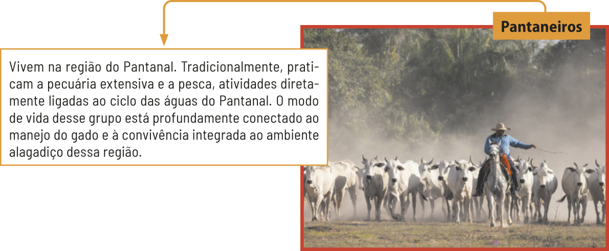 Imagem 'Pantaneiros', apresentando um homem a cavalo conduzindo diversas cabeças de gado. Também se destaca o texto: 'Vivem na região do Pantanal. Tradicionalmente, praticam a pecuária extensiva e a pesca, atividades diretamente ligadas ao ciclo das águas do Pantanal. O modo de vida desse grupo está profundamente conectado ao manejo do gado e à convivência integrada ao ambiente alagadiço dessa região'.