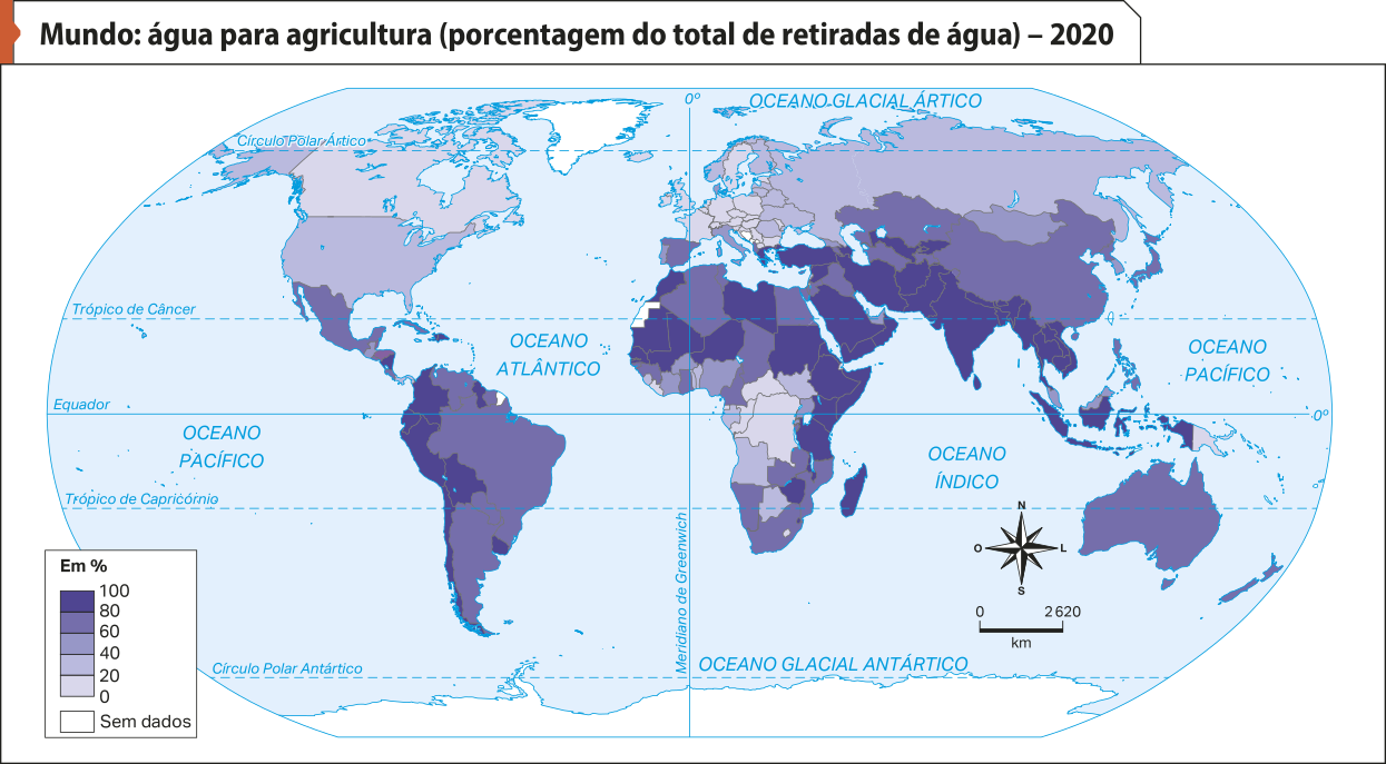 Mapa 'Mundo: água para agricultura (porcentagem do total de retiradas de água) – 2020'. Conforme a legenda, os dados são os seguintes: Percentual: 100: países como Índia, Turquia, Indonésia, Arábia Saudita, Vietnã, Camboja, Etiópia, Líbia, Somália, Mali, Níger, Peru, Colômbia, Bolívia, Chile, Equador e Uruguai. 80: países como Brasil, México, Argentina, Paraguai, Argélia, Chade, Moçambique, África do Sul, Namíbia, Espanha, Egito, Iraque, Austrália, China, Cazaquistão e Japão. 60: Estados Unidos, Guatemala, Portugal, Itália, Rússia, Noruega, Finlândia, Malásia,  40: Canadá, Reino Unido, Irlanda, França, Alemanha, Suíça, Suécia, Polônia, Sudão do Sul, Angola e Botsuana. 20: países como República Democrática do Congo, Papua-Nova-Guiné, República Centro-africana e Congo. Sem dados: Antártida e Groenlândia.