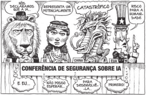 Charge. Apresenta-se uma 'Conferência de segurança sobre Inteligência Artificial'. O Reino Unido, a União Europeia, a China e os Estados Unidos estão participando. Eles falam uma parte da mesma frase: 'Nós declaramos que a Inteligência Artificial representa um potencialmente catastrófico risco para a humanidade'. Ao mesmo tempo, eles pensam 'E eu não posso esperar para desenvolvê-la primeiro!'.