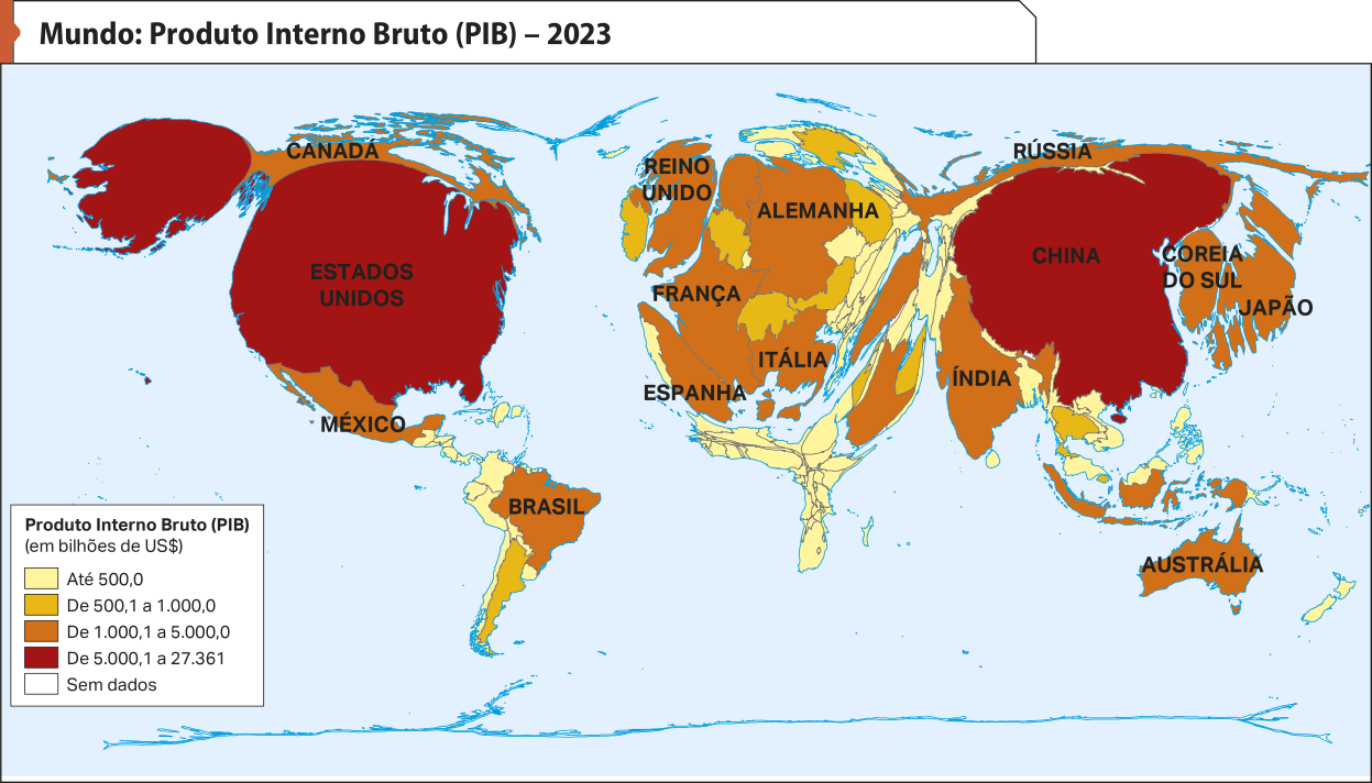 Mapa 'Mundo: Produto Interno Bruto – 2023'. Os países são representados em anamorfose, cujo tamanho aumenta ou diminui conforme os dados apresentados. Conforme a legenda, os dados são os seguintes: Produto Interno Bruto (em bilhões de dólares). Até 500: países da África, do leste europeu e localidades no oeste e sudeste asiático. De 500,1 a 1.000: Argentina, Suíça, Irlanda, Áustria, Suécia, Omã e Tailândia. De 1.000 a 5.000: Canadá, México, Brasil, Reino Unido, França, Alemanha, Itália, Espanha, Índia, Austrália, Indonésia, Coreia do Sul, Rússia e Japão. De 5.000,1 a 27.361: Estados Unidos e China.