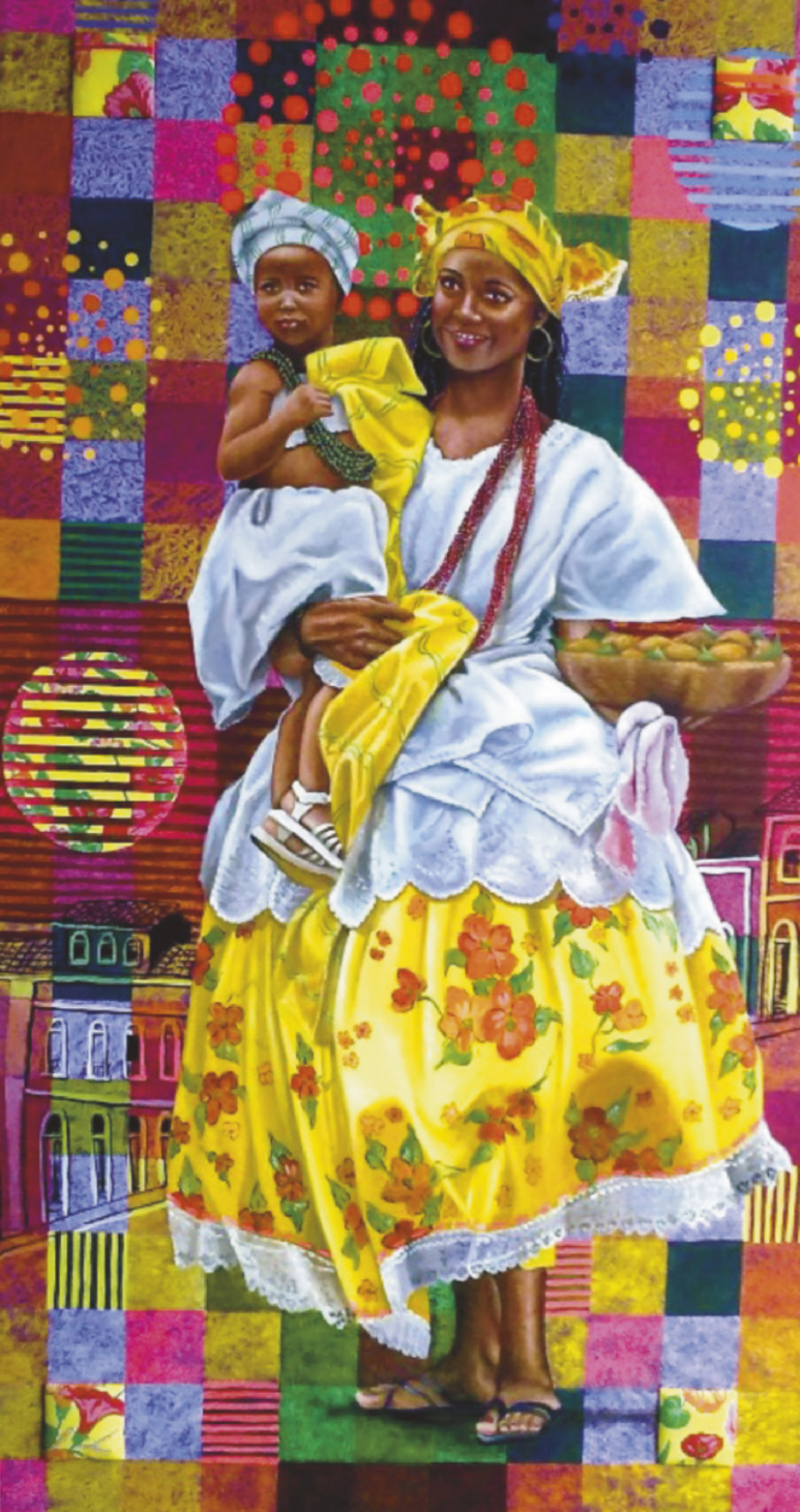 Imagem de mulher negra segurando uma criança no colo. Ela usa vestido branco, com estampas na saia e, também, um turbante colorido. Essa mulher segura um cesto com frutas.