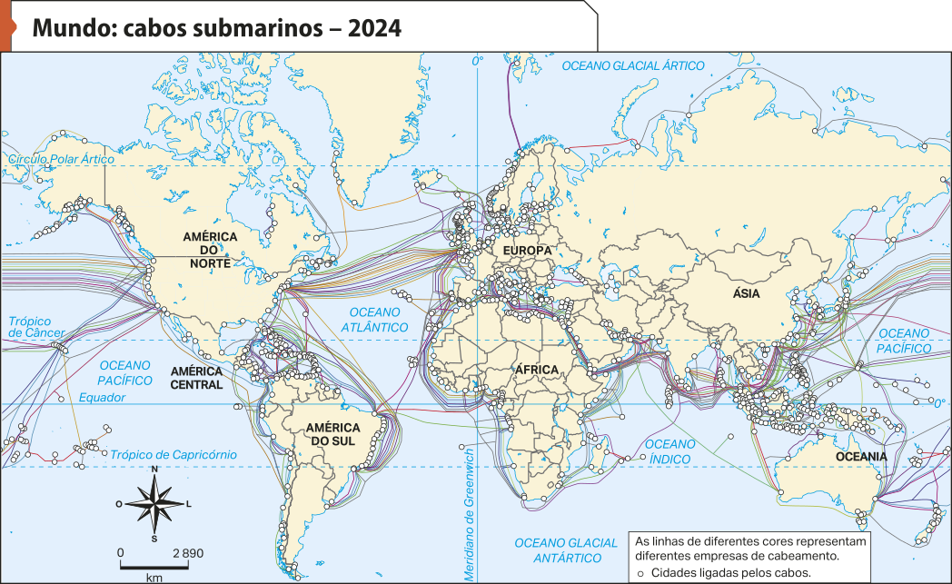 Mapa 'Mundo: cabos submarinos – 2024'. Apresentam-se muitos cabos que conectam a América do Norte, América Central, América do Sul, Ásia, Europa, África, Oceania e, também, ilhas localizadas no Oceano Atlântico, Oceano Pacífico e Oceano Índico. As linhas de diferentes cores representam diferentes empresas de cabeamento. Estão identificadas com pequenos círculos as cidades ligadas pelos cabos.