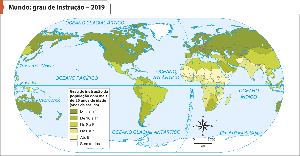 Mapa 'Mundo: grau de instrução – 2019'. Conforme a legenda, os dados são os seguintes: Grau de instrução da população com mais de 25 anos de idade (anos de estudo). Mais de 11: Estados Unidos, Canadá, Cuba, Rússia, França, Alemanha, Reino Unido, Irlanda, Polônia, Ucrânia, Cazaquistão, Austrália, Nova Zelândia e Japão. De 10 a 11: Venezuela, Peru, Argentina, Chile, África do Sul, Botsuana, Mongólia, Arábia Saudita e Irã. De 8 a 9: Portugal, Espanha, México, Colômbia, Equador, Brasil, Bolívia, Paraguai, Uruguai, Argélia, Zâmbia, Zimbábue, Líbia, Egito, Iraque, Turquia, China e Indonésia. De 6 a 7: Nigéria, Camarões, República Democrática do Congo, Namíbia, Tanzânia, Quênia, Índia, Paquistão e Madagascar. Até 5: Mauritânia, Mali, Níger, Chade, Sudão, Etiópia, Iêmen, Afeganistão, Myanmar, Camboja e Moçambique. Sem dados: Antártida, Groenlândia, Somália e Guiana Francesa.