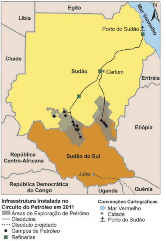 Mapa apresentando os territórios do Sudão e do Sudão do Sul. Os dados são os seguintes: Infraestrutura instalada no Circuíto do Petróleo em 2011. Áreas de exploração de petróleo: localidades na fronteira do Sudão e do Sudão do Sul. Oleodutos: conectam os campos de petróleo às refinarias, situadas no sul do Sudão. Esses oleodutos também passam por Cartum, capital do Sudão, chegando ao Porto do Sudão. O porto do Sudão fica no Mar Vermelho.