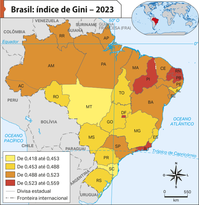Mapa 'Brasil: índice de Gini – 2023'. Conforme a legenda, os dados são os seguintes: De 0,418 até 0,453: Mato Grosso. De 0,453 até 0,488: Rondônia, Tocantins, Goiás, Minas Gerais, Alagoas, Espírito Santo, Mato Grosso do Sul, Paraná e Rio Grande do Sul. De 0,488 até 0,523: Acre, Amazonas, Roraima, Amapá, Pará, Maranhão, Ceará, Pernambuco, Bahia, Sergipe e São Paulo. De 0,523 até 0,559: Piauí, Rio Grande do Norte, Paraíba, Rio de Janeiro e Distrito Federal.