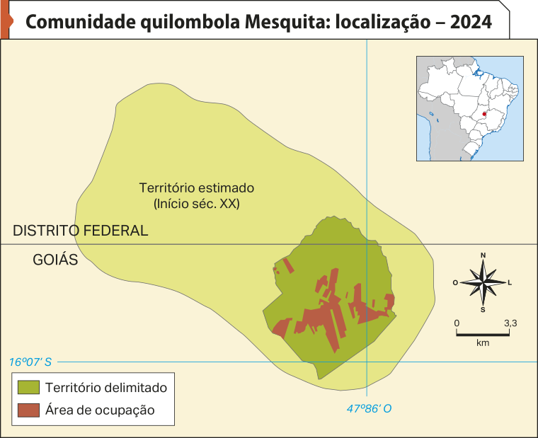 Mapa 'Comunidade quilombola Mesquita: localização – 2024'. Conforme a legenda, os dados são os seguintes: O território estimado (no início do século 20) se situa na fronteira entre o Distrito Federal e o estado de Goiás. O território delimitado corresponde a aproximadamente um terço do território estimado. Dentro desse território, destaca-se uma área menor de ocupação.