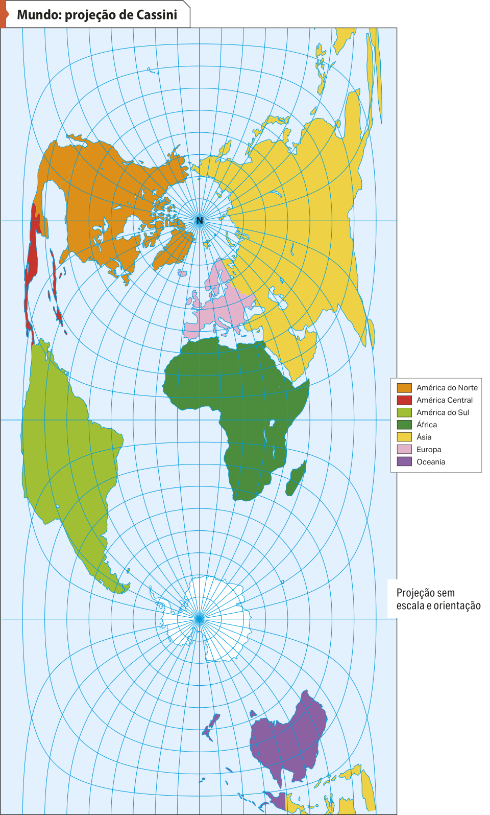 Mapa 'Mundo: projeção de Cassini'. Os continentes e oceanos são representados a partir de sua posição e tamanho em relação ao eixo de rotação.