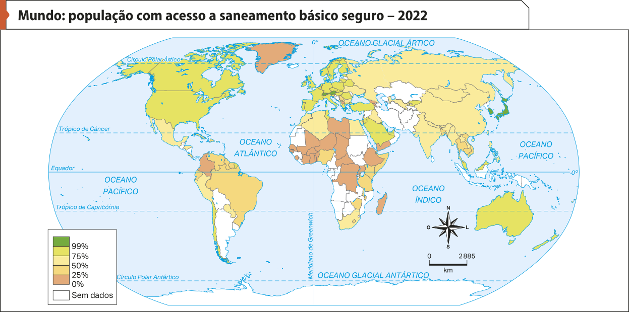 Mapa 'Mundo: população com acesso a saneamento básico seguro – 2022'. Conforme a legenda, os dados são os seguintes: 99 por cento: países como Japão, Coreia do Sul, Suíça e Áustria. 75 por cento: países como Estados Unidos, Canadá, Portugal, Espanha, França, Reino Unido, Irlanda, Alemanha, Polônia, Itália, Arábia Saudita, Austrália e Nova Zelândia. 50 por cento: países como México, Peru, Paraguai, Argélia, Iraque, Ucrânia, Rússia, Mongólia, China, Índia, Myanmar, Somália, Quênia, Tanzânia, Laos, Camboja e Vietnã. 25 por cento: países como Brasil, Venezuela, Equador, África do Sul e Nigéria. zero por cento: países como Colômbia, Groenlândia, Mali, República Democrática do Congo, Etiópia, Chade, Níger, Iêmen e Líbia. Sem dados: países como a Bolívia, Argentina, Uruguai, Guatemala, Marrocos, Angola, Namíbia, Moçambique, Cazaquistão, Irã, Paquistão e Indonésia.