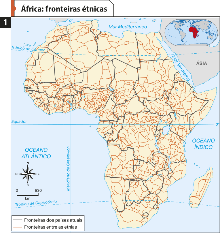 Mapa um 'África: fronteiras étnicas'. Destacam-se múltiplas fronteiras étnicas, que são mais numerosas que as fronteiras dos países atuais. Muitas das fronteiras étnicas estão em um mesmo país.