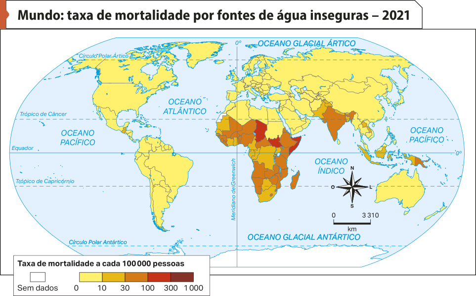 Mapa 'Mundo: taxa de mortalidade por fontes de água inseguras – 2021'. Conforme a legenda, os dados são os seguintes: Taxa de mortalidade a cada 100.000 pessoas. 300: países como Chade, Somália e Sudão do Sul. 100: países como Guatemala, Mali, Níger, Nigéria, Quênia, Tanzânia, Moçambique e Angola, Papua-Nova-Guiné e Índia. 30: Mauritânia, Costa do Marfim, Gana, República Democrática do Congo, África do Sul, Botsuana, Camarões e Indonésia. 10: países do continente americano, menos a Guatemala. Países da Europa e, também, Rússia, China, Japão, Austrália, Nova Zelândia, Tailândia, Egito, Sudão, Líbia, Argélia e Marrocos. Zero: Antártida.