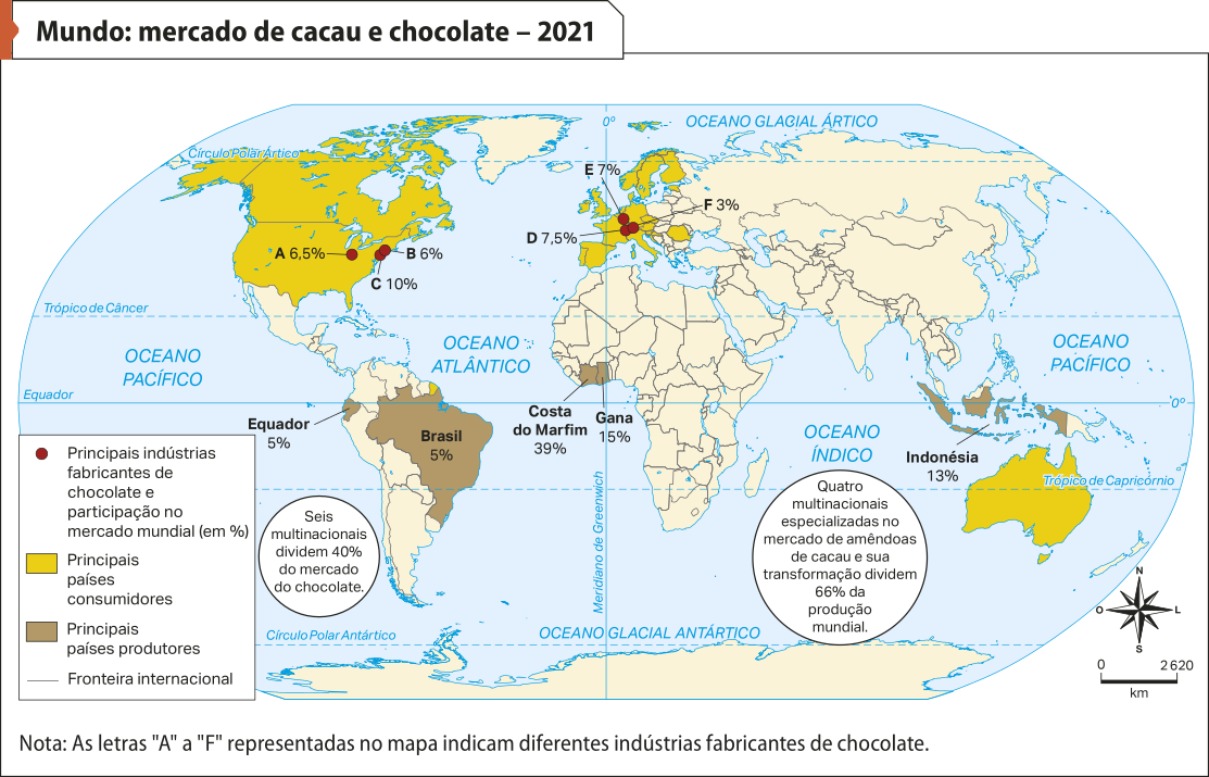 Mapa 'Mundo: mercado de cacau e chocolate – 2021'. Conforme a legenda, os dados são os seguintes: Principais indústrias fabricantes de chocolate e participação no mercado mundial (percentual). Nos Estados Unidos, temos:  Indústria A: 6,5 por cento. Indústria B: 6 por cento. Indústria C: 10 por cento. Na Europa, temos: Indústria D: 7,5 por cento. Indústria E: 7 por cento. Indústria F: 3 por cento. Principais países consumidores: Estados Unidos, Canadá, países do oeste e norte da Europa e Austrália. Principais países produtores. Equador: 5 por cento. Brasil: 5 por cento. Costa do Marfim: 39 por cento. Gana: 15 por cento. Indonésia: 13 por cento. Seis multinacionais dividem 40 por cento do mercado do chocolate. Quatro multinacionais especializadas no mercado de amêndoas de cacau e sua transformação dividem 66 por cento da produção mundial.