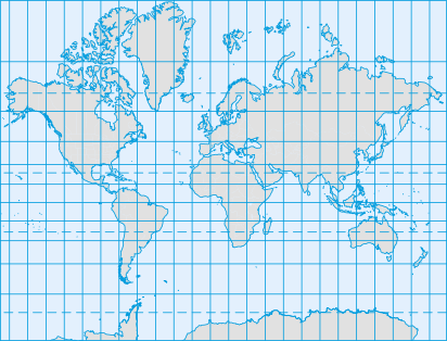 Projeção cartográfica que destaca as proporções e territórios próximos à Linha do Equador. Nas áreas mais distantes, há maiores distorções.