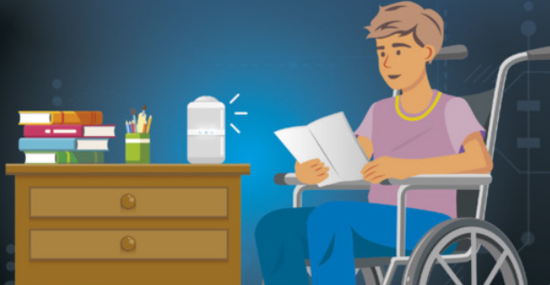 Imagem de menino que usa cadeira de rodas. Ele usa uma assistente virtual para estudar.