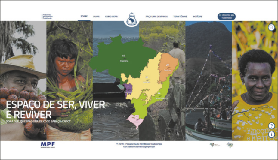 Plataforma que apresenta o mapa dos biomas brasileiros e a seguinte inscrição 'Espaço de ser, viver e reviver. Dona Duê, quebradeira de coco babaçu'.