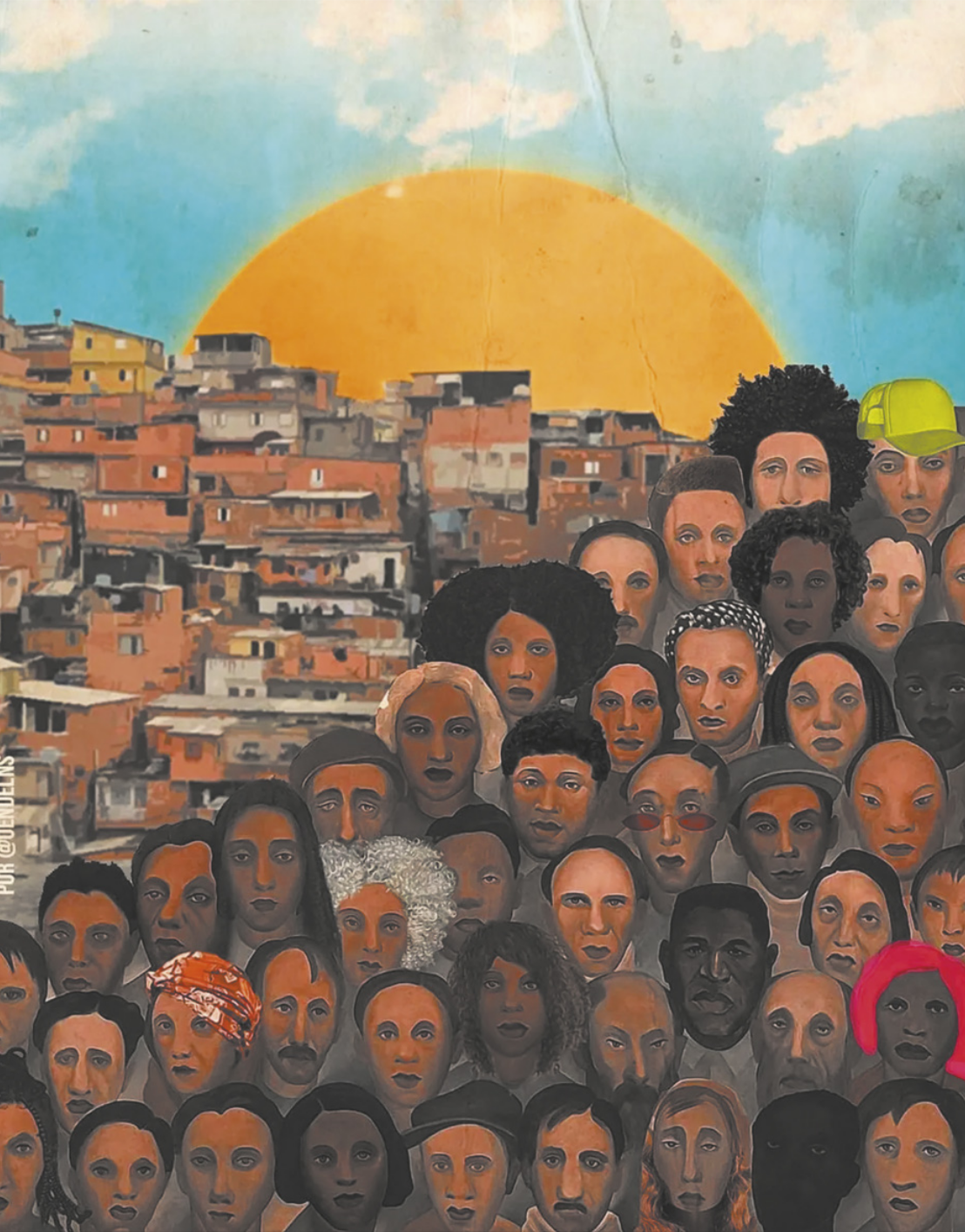 Imagem de homens e mulheres negros. Eles estão reunidos em um local inclinado e com muitas moradias. Essas pessoas juntas formam uma pirâmide, onde muitos estão na base e a ponta não está aparente.