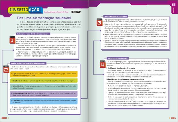 Reprodução de páginas do livro contendo a seção Investigação.