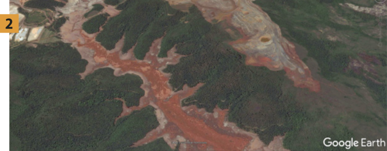 Foto dois. Apresenta-se um rio com muita lama em seu leito e também lama espalhada em diferentes localidades.