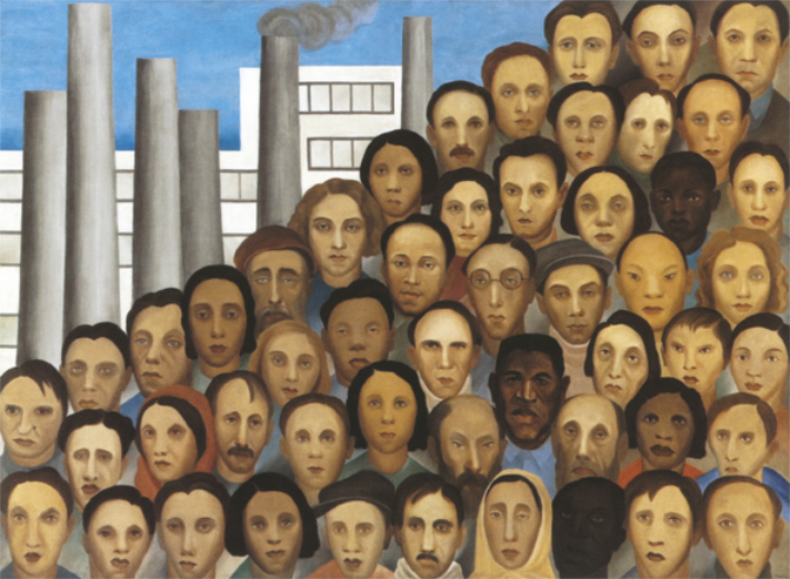 Imagem de homens e mulheres de diferentes origens étnicas. Eles estão reunidos em um local rodeado por chaminés de indústrias. Essas pessoas juntas formam uma pirâmide, onde muitos estão na base e a ponta não está aparente.