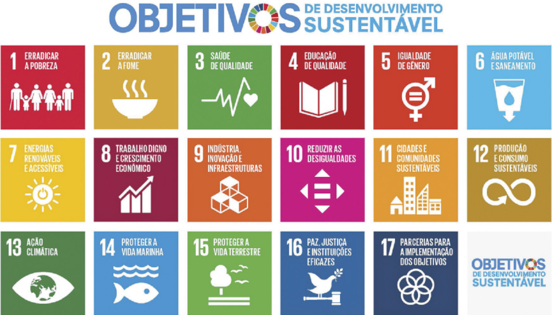Quadro intitulado 'Objetivos de desenvolvimento sustentável'. Os objetivos são os seguintes: '1. Erradicação da pobreza. 2. Fome zero e agricultura sustentável. 3. Saúde e bem-estar. 4. Educação de qualidade. 5. Igualdade de gênero. 6. Água potável e saneamento. 7. Energia limpa e acessível. 8. Trabalho decente e crescimento econômico. 9. Indústria, inovação e infraestrutura.  10. Redução das desigualdades. 11. Cidades e comunidades sustentáveis. 12. Consumo e produção responsáveis. 13. Ação contra a mudança global do clima. 14. Vida na água. 15. Vida terrestre. 16. Paz, justiça e instituições eficazes. 17. Parcerias e meio de implementação'.