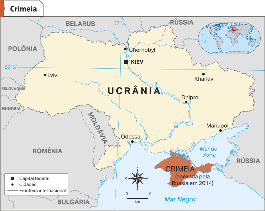 Mapa 'Crimeia'. Destaca-se a península da Crimeia, localizada no sul da Ucrânia e entre o Mar Negro e o Mar de Arzov.