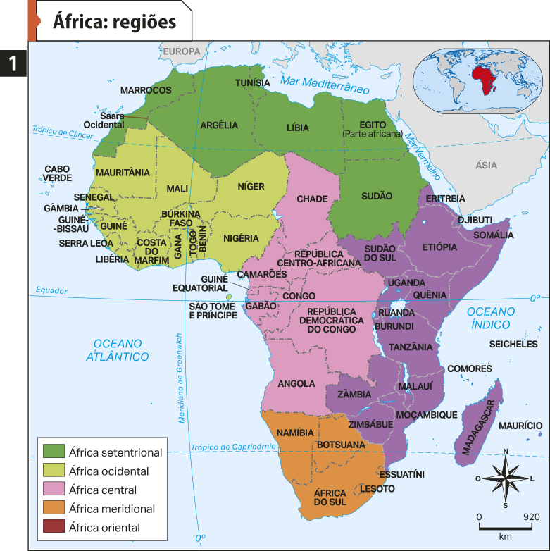 Mapa um 'África: regiões'. Conforme a legenda, os dados são os seguintes: África setentrional: Saara Ocidental, Marrocos, Argélia, Tunísia, Líbia, Egito (parte africana) e Sudão. África ocidental: Mauritânia, Mali, Níger, Nigéria, Benin, Togo, Gana, Costa do Marfim, Libéria, Serra Leoa, Guiné, Guiné-Bissau, Gâmbia, Senegal e Burkina Faso. África central: Chade, República Centro-africana, República Democrática do Congo, Angola, Congo, Gabão, São Tomé e Príncipe, Guiné Equatorial e Camarões. África meridional: Namíbia, Botsuana, Lesoto, Essuatíni e África do Sul. África oriental: Eritreia, Djibuti, Somália, Etiópia, Sudão do Sul, Uganda, Quênia, Ruanda, Burundi, Tanzânia, Comores, Seicheles, Maurício, Madagascar, Malauí, Zâmbia, Zimbábue, Moçambique.