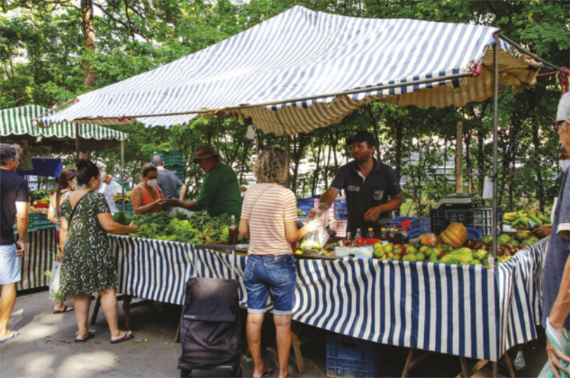 Foto de frutas e vegetais expostos para venda em uma barraca.