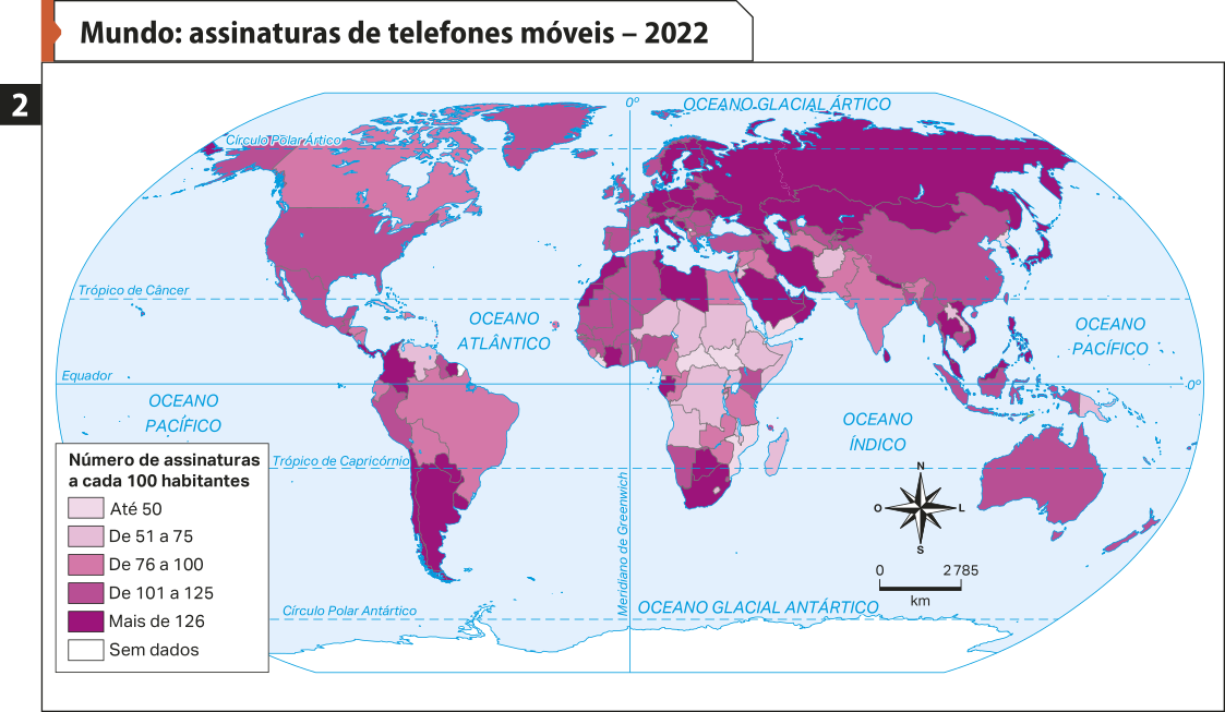 Mapa dois 'Mundo: assinaturas de telefones móveis – 2022'. Conforme a legenda, os dados são os seguintes: Número de assinaturas a cada 100 habitantes. Até 50: República Centro-africana, Sudão do Sul, Moçambique e Afeganistão. De 51 a 75: Venezuela, Níger, Chade, Sudão, Etiópia, Somália, República Democrática do Congo, Angola, Madagascar e Papua-Nova-Guiné. De 76 a 100: Canadá, Brasil, Bolívia, Equador, Congo, Camarões, Tanzânia, Iraque, Síria, Paquistão e Índia. De 101 a 125: Estados Unidos, México, Peru, Portugal, Espanha, França, Reino Unido, Irlanda, Turquia, Indonésia, China, Austrália e Nova Zelândia. Mais de 126: Argentina, Paraguai, Uruguai, Alemanha, Ucrânia, Rússia, Irã, Arábia Saudita, Líbia, Tailândia, Japão e Coreia do Sul.  Sem dados: Antártida e Guiana Francesa.