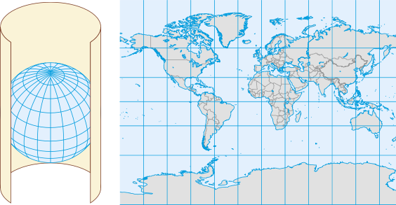 Conjunto de duas projeções cartográficas. A primeira apresenta um mapa em projeção cilíndrica. Na segunda, os continentes e oceanos são apresentados em um retângulo.