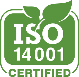 Selo com as seguintes informações: 'ISO 14001. Certified', na parte superior do selo há duas folhas.