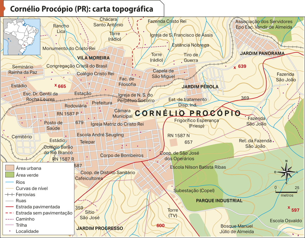 Mapa 'Cornélio Procópio (P R): carta topográfica'. Conforme a legenda, os dados são os seguintes: Área urbana: reúne muitos quarteirões e ruas, onde estão as seguintes localidades: Colégio Cristo Rei, Faculdade de Filosofia, Capela São Miguel, Prefeitura, Rodoviária, Posto de Saúde, Escola André Seugling, Corpo de Bombeiros, Estádio. Área verde: localizada a leste da área urbana, onde está o Parque Industrial, o Bosque Manuel Júlio de Almeida e a Escola Osvaldo. Rios: localizam-se no entorno da área urbana e alguns passam pela área verde. Curvas de nível: apresenta-se a altitude das localidades, que varia entre 679 metros a 369 metros. Ferrovias: atravessam as áreas urbanas. Estradas pavimentadas: estão a leste e sul da área urbana. Estrada sem pavimentação: localiza-se ao norte da área urbana.  Caminho: localiza-se ao norte da área urbana.  Trilha: localiza-se ao sul da área urbana.