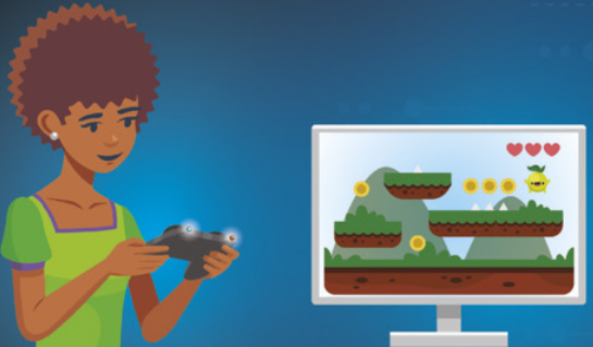 Foto de menina jogando no computador.
